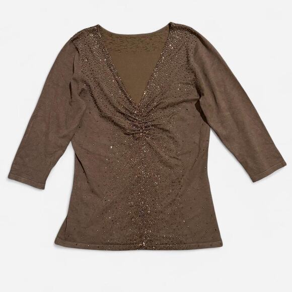 Y2K Colleen Lopez Dark Brown & Copper Beaded Ruched Mid Sleeve Glam Top S/M - Picture 6 of 7